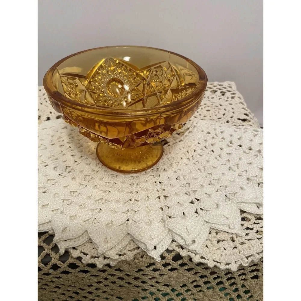 Vintage Kemper Amber Gold Pedestal Candy‎ dish hobnail starburst pattern